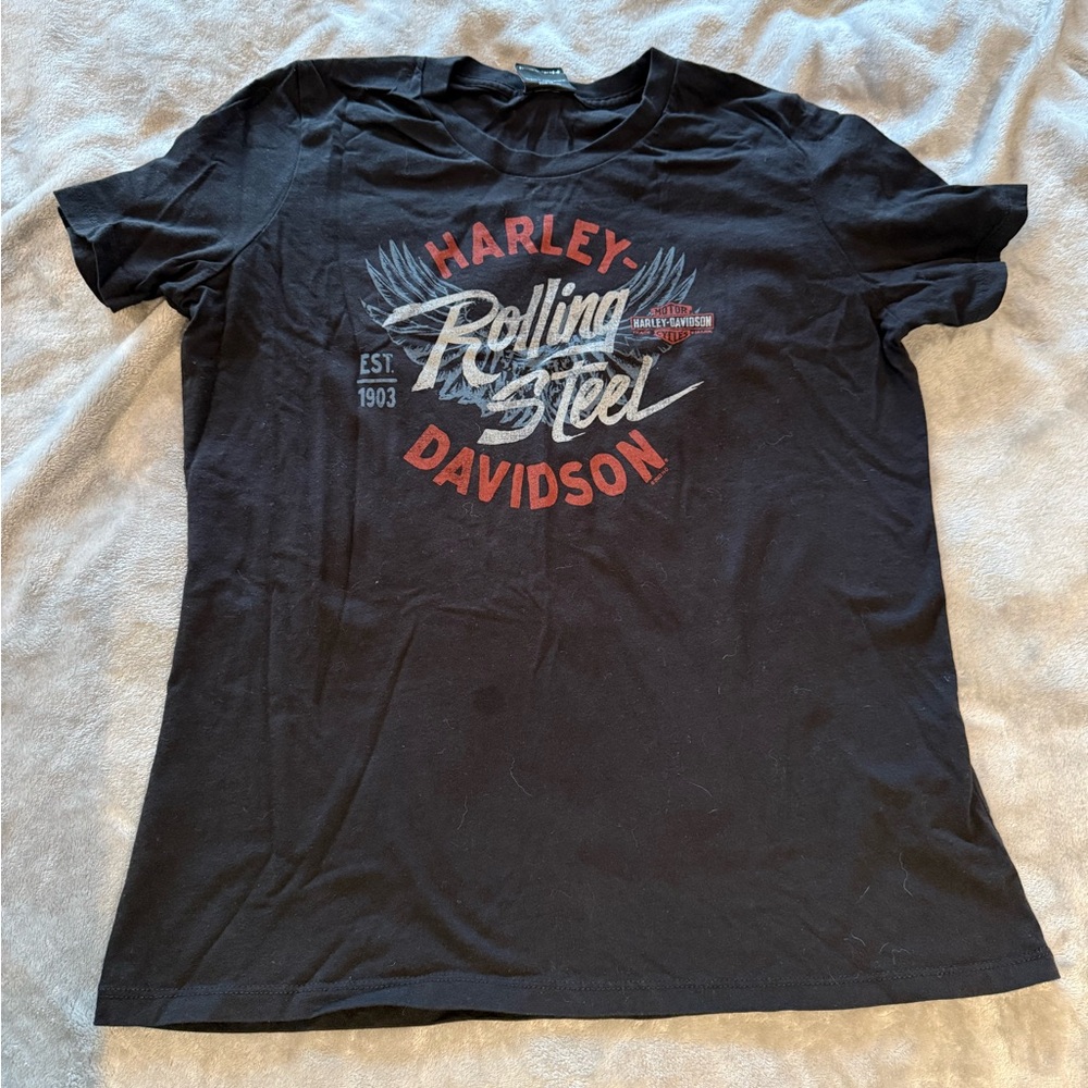 W Harley-Davidson Black Tee with Red and Gray Graphic